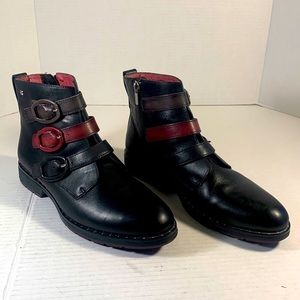 Pikolimos Black and Burgundy Leather 3 Buckle Ankle Boots
